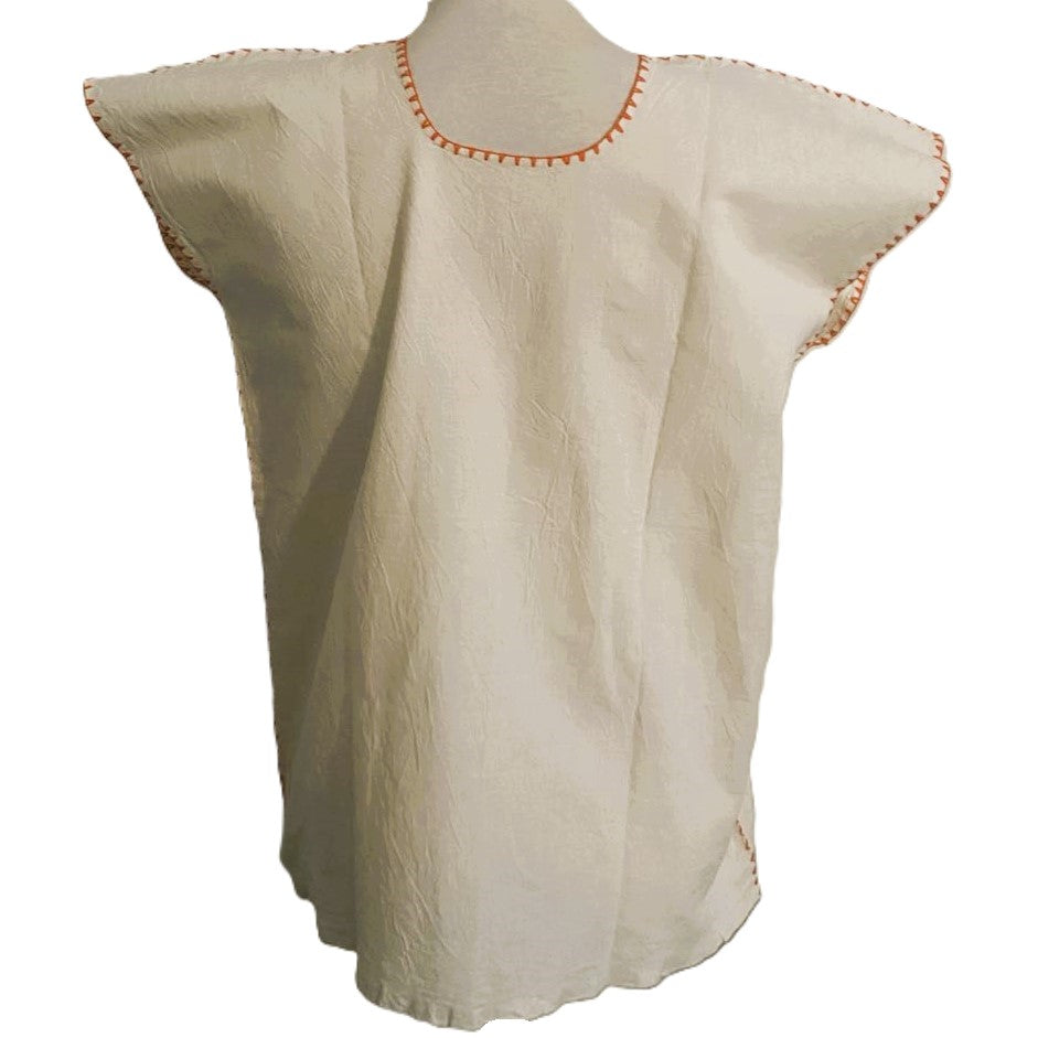 Hand-Embroidered Traditional Huipil Top – Made in Oaxaca - Orange Flowers- Size Small