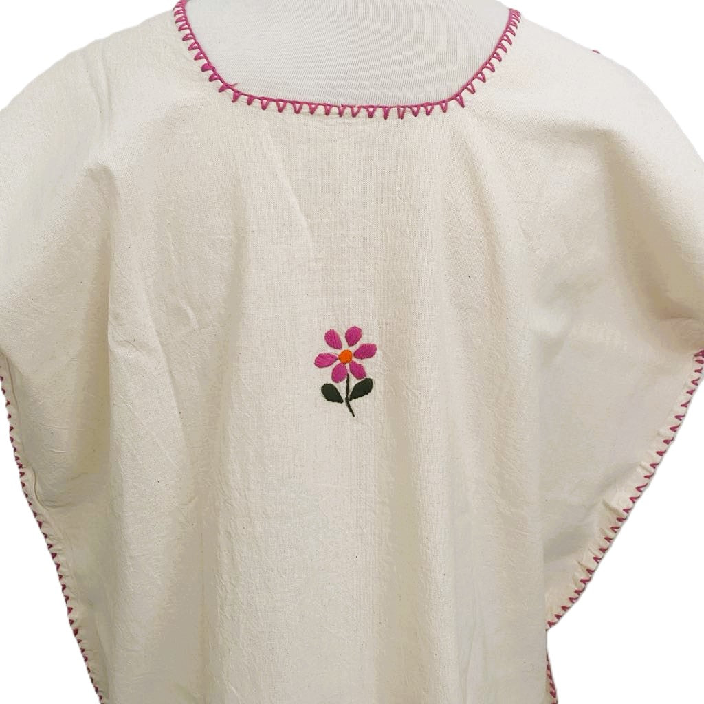 Hand-Embroidered Traditional Huipil Top – Made in Oaxaca – Flores Rosas – One Size L-XL