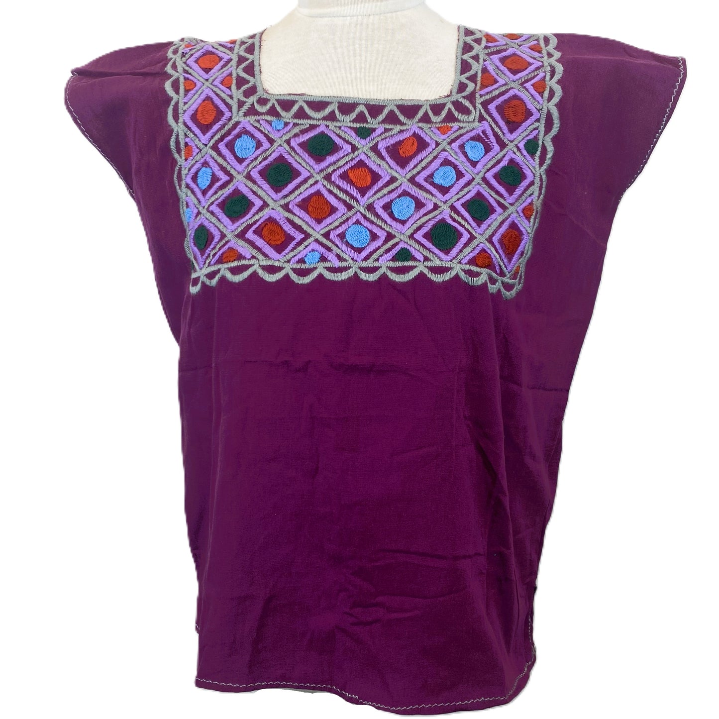 Mexican Embroidered Huipil Maya Top Organic Cotton Manta Cherry - One Size XS to M