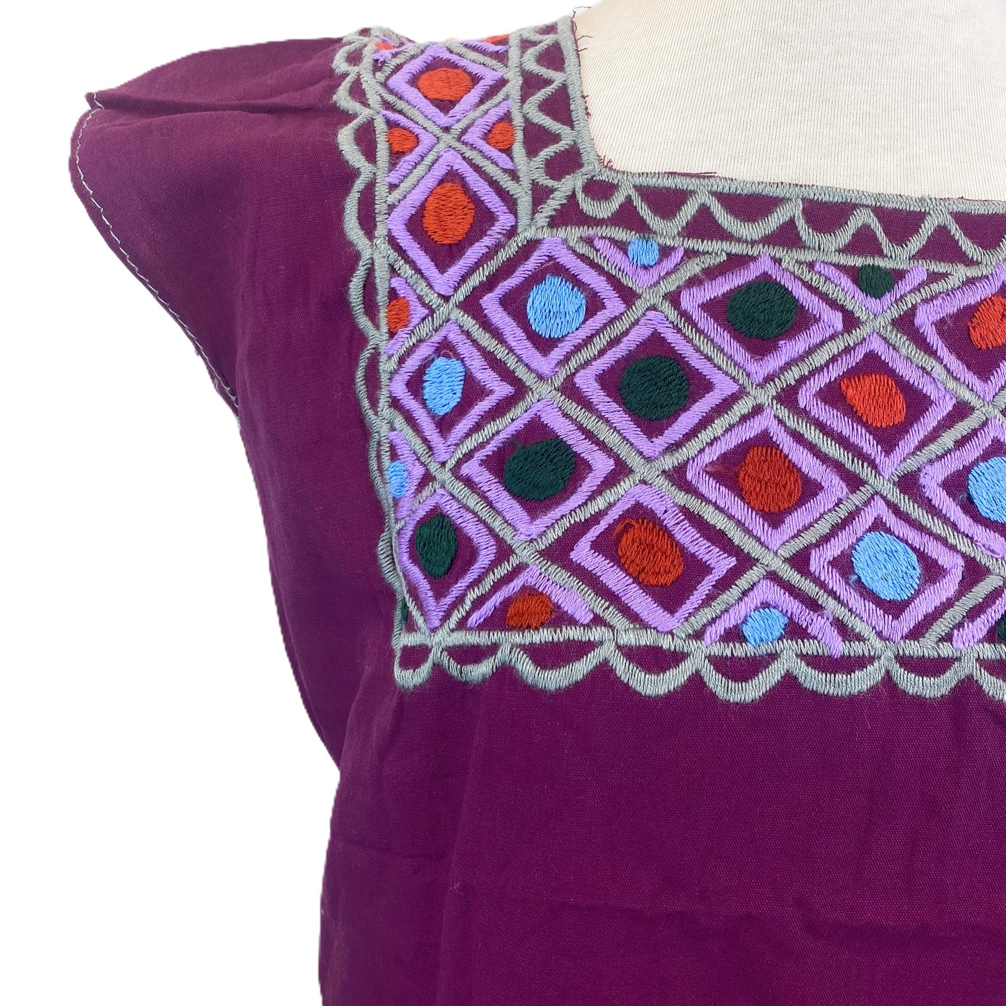 Mexican Embroidered Huipil Maya Top Organic Cotton Manta Cherry - One Size XS to M