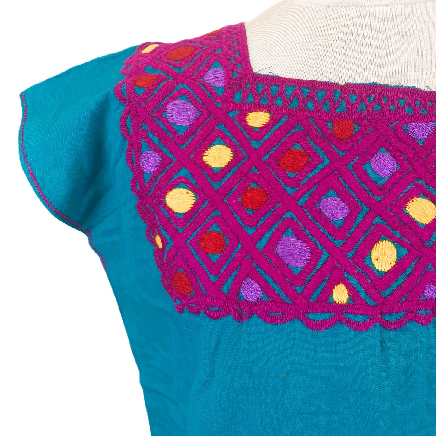 Mexican Embroidered Huipil Maya Top Organic Cotton Manta Cobalt Green & Pink- One Size XS to M