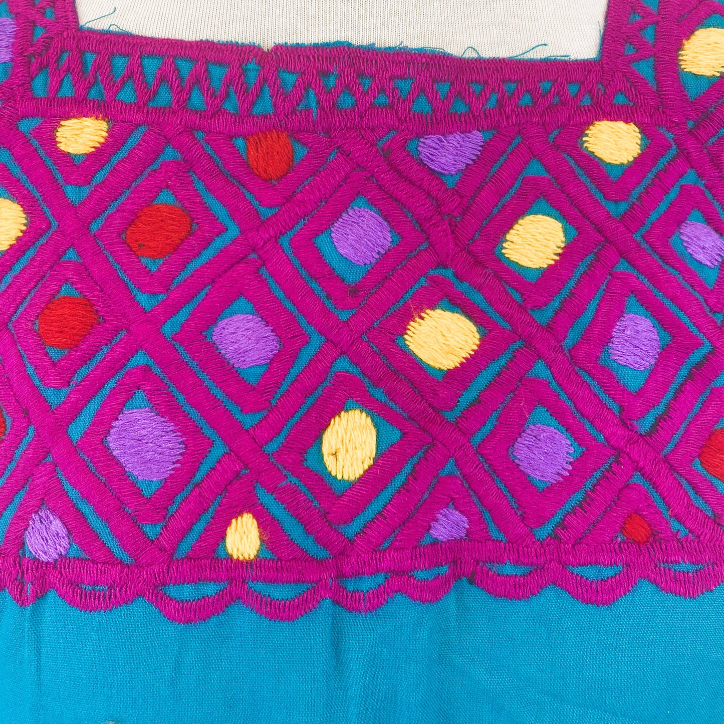 Mexican Embroidered Huipil Maya Top Organic Cotton Manta Cobalt Green & Pink- One Size XS to M