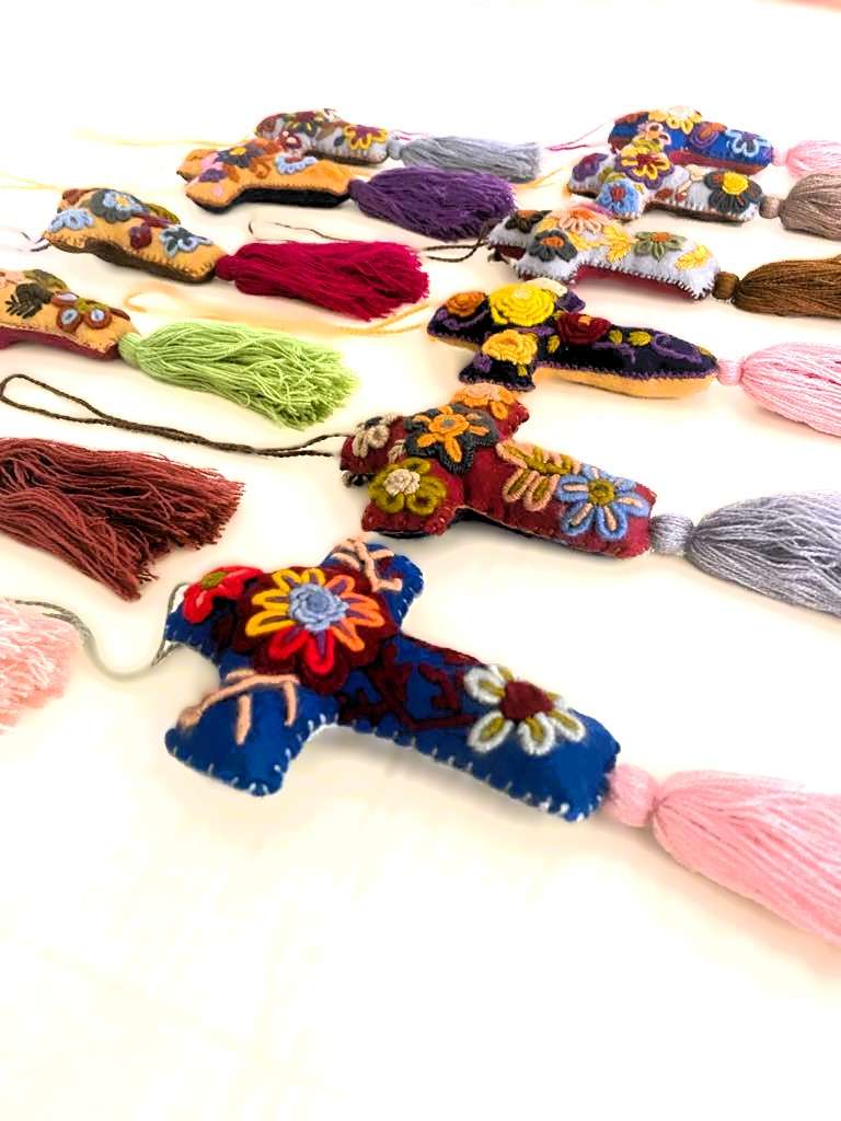 Vibrant Mexican Felt Cross Ornament with Hand-Embroidered Details and Tassles