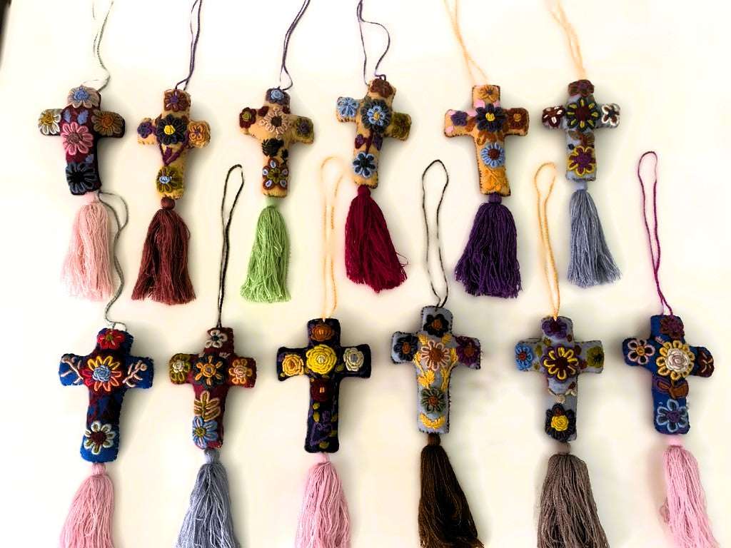 Vibrant Mexican Felt Cross Ornament with Hand-Embroidered Details and Tassles