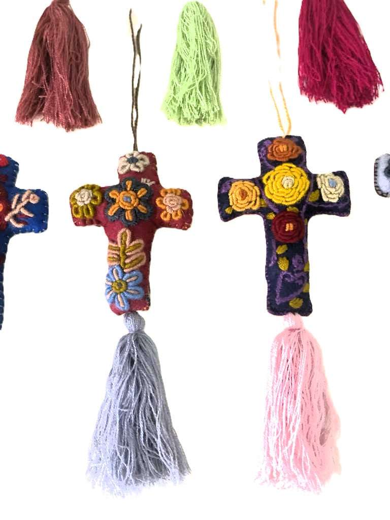 Vibrant Mexican Felt Cross Ornament with Hand-Embroidered Details and Tassles