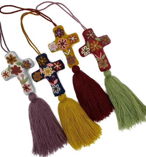 Vibrant Mexican Felt Cross Ornament with Hand-Embroidered Details and Tassles
