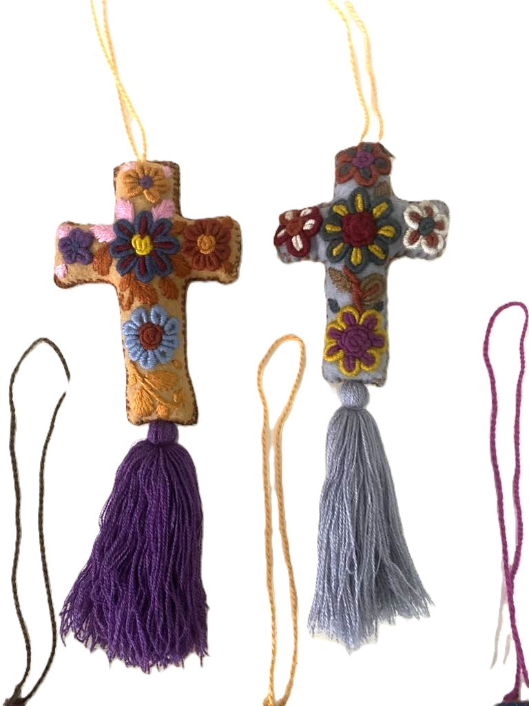 Vibrant Mexican Felt Cross Ornament with Hand-Embroidered Details and Tassles