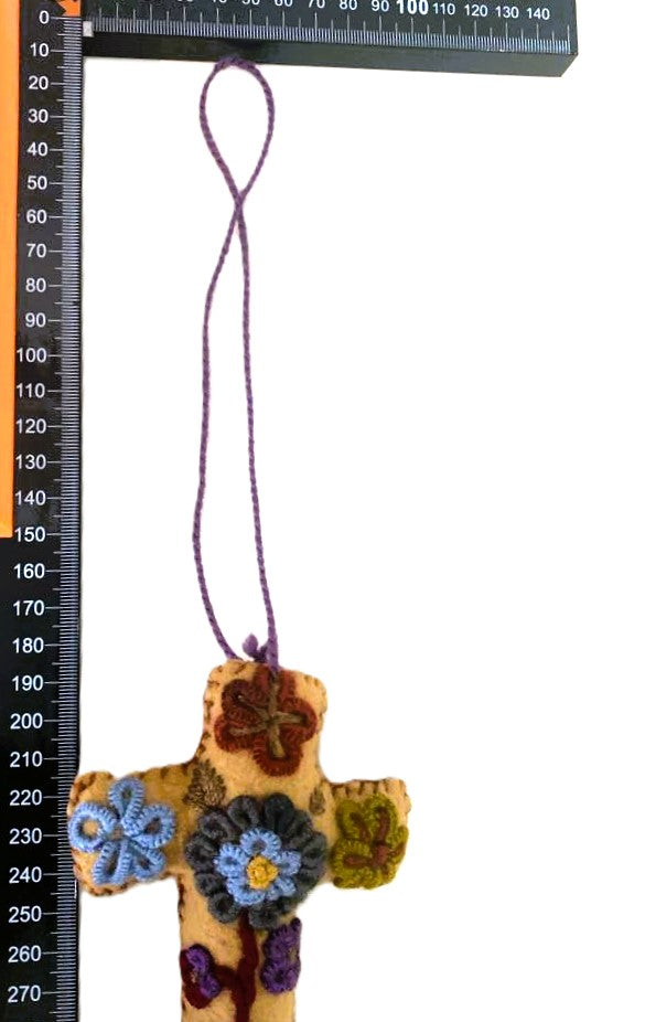 Vibrant Mexican Felt Cross Ornament with Hand-Embroidered Details and Tassles