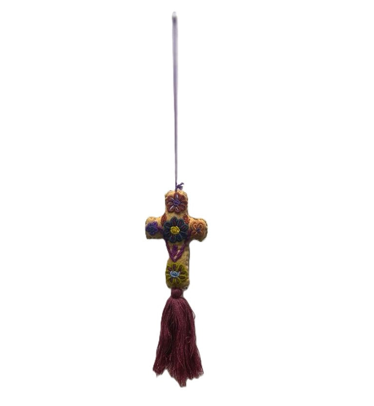 Vibrant Mexican Felt Cross Ornament with Hand-Embroidered Details and Tassles