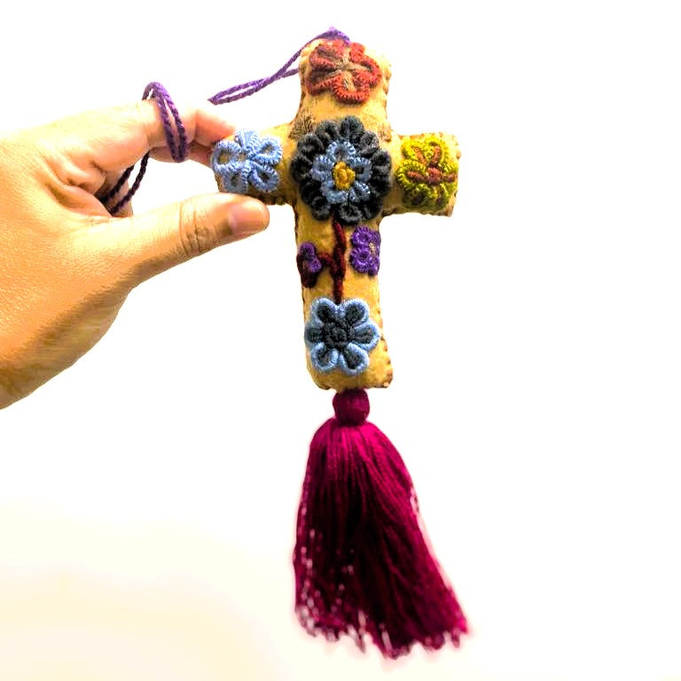 Vibrant Mexican Felt Cross Ornament with Hand-Embroidered Details and Tassles