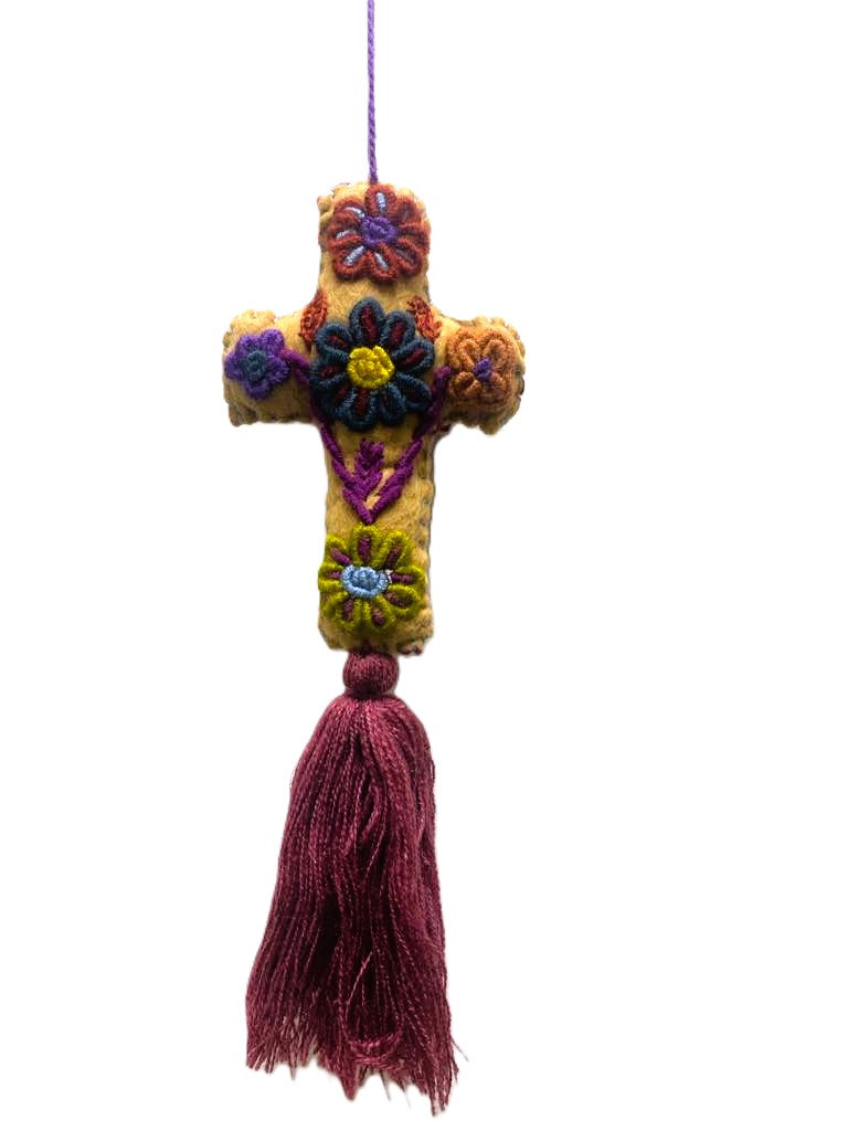 Vibrant Mexican Felt Cross Ornament with Hand-Embroidered Details and Tassles