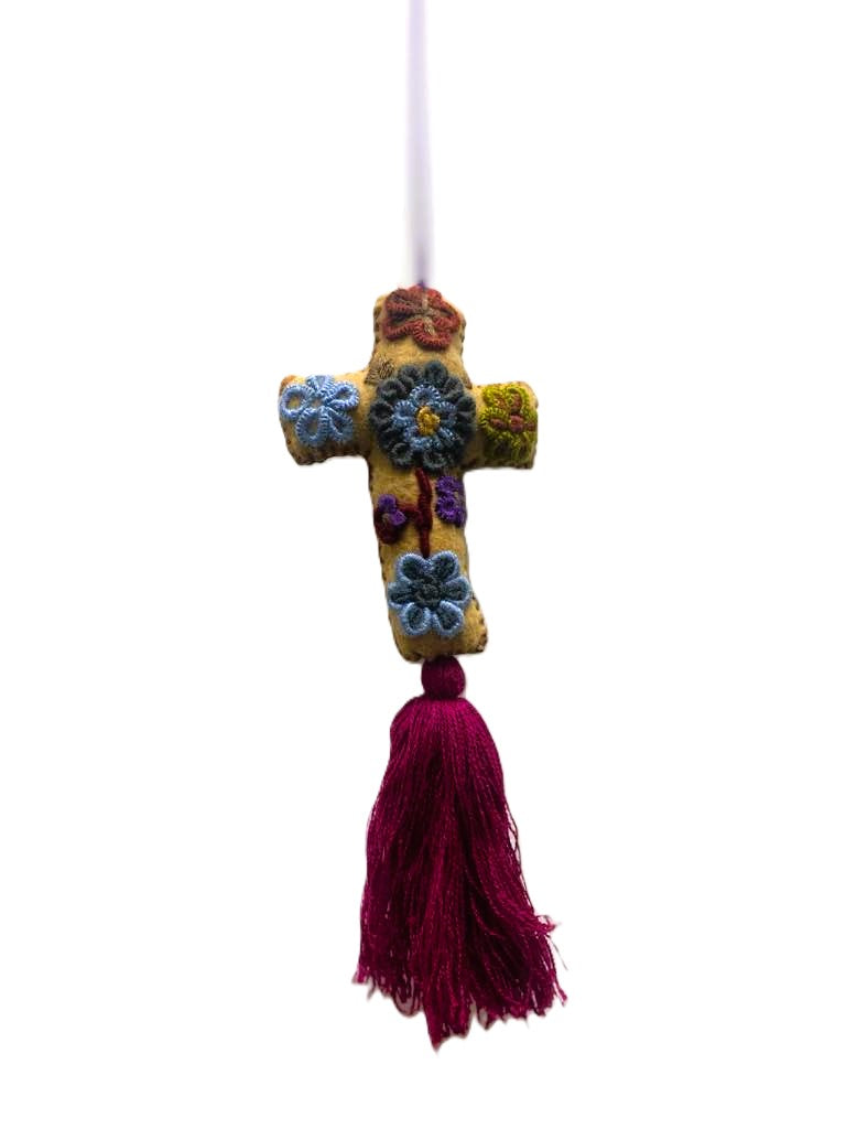 Vibrant Mexican Felt Cross Ornament with Hand-Embroidered Details and Tassles