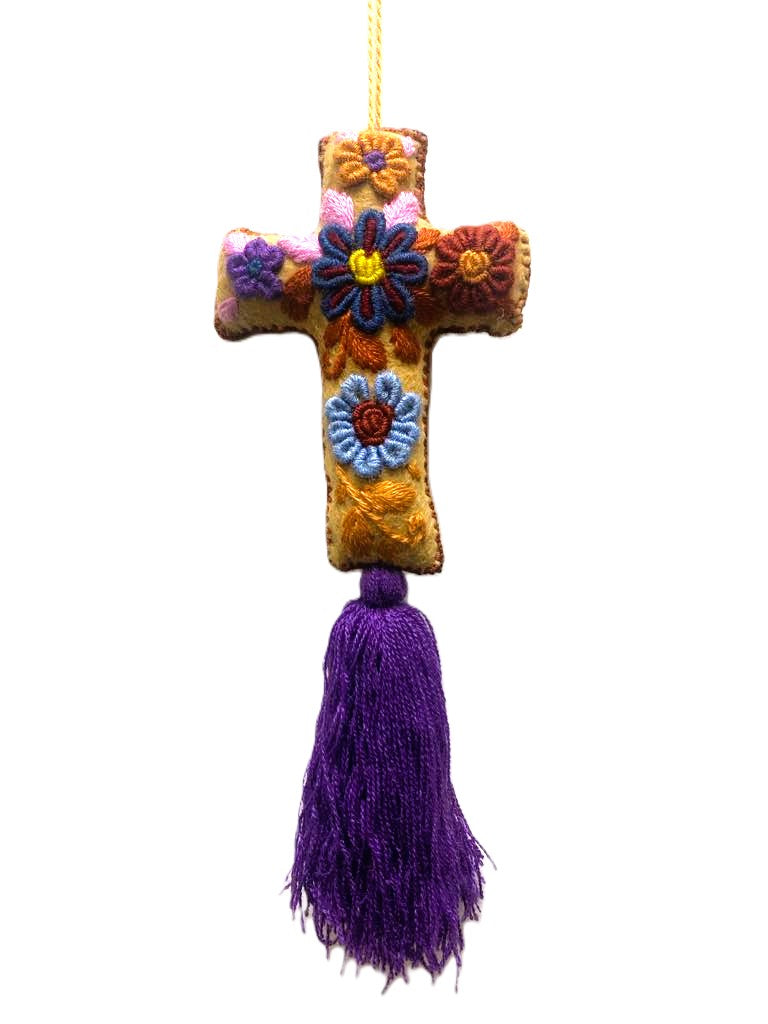 Vibrant Mexican Felt Cross Ornament with Hand-Embroidered Details and Tassles