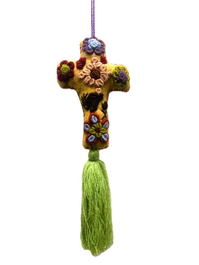 Vibrant Mexican Felt Cross Ornament with Hand-Embroidered Details and Tassles