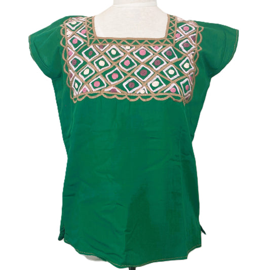 Mexican Embroidered Huipil Maya Top Organic Cotton Manta Emerald & Brown- One Size XS to M