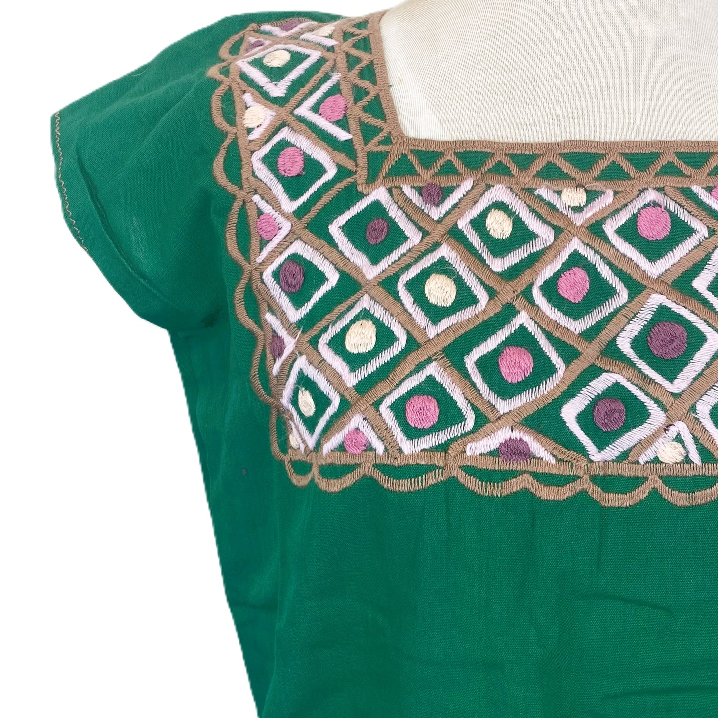 Mexican Embroidered Huipil Maya Top Organic Cotton Manta Emerald & Brown- One Size XS to M