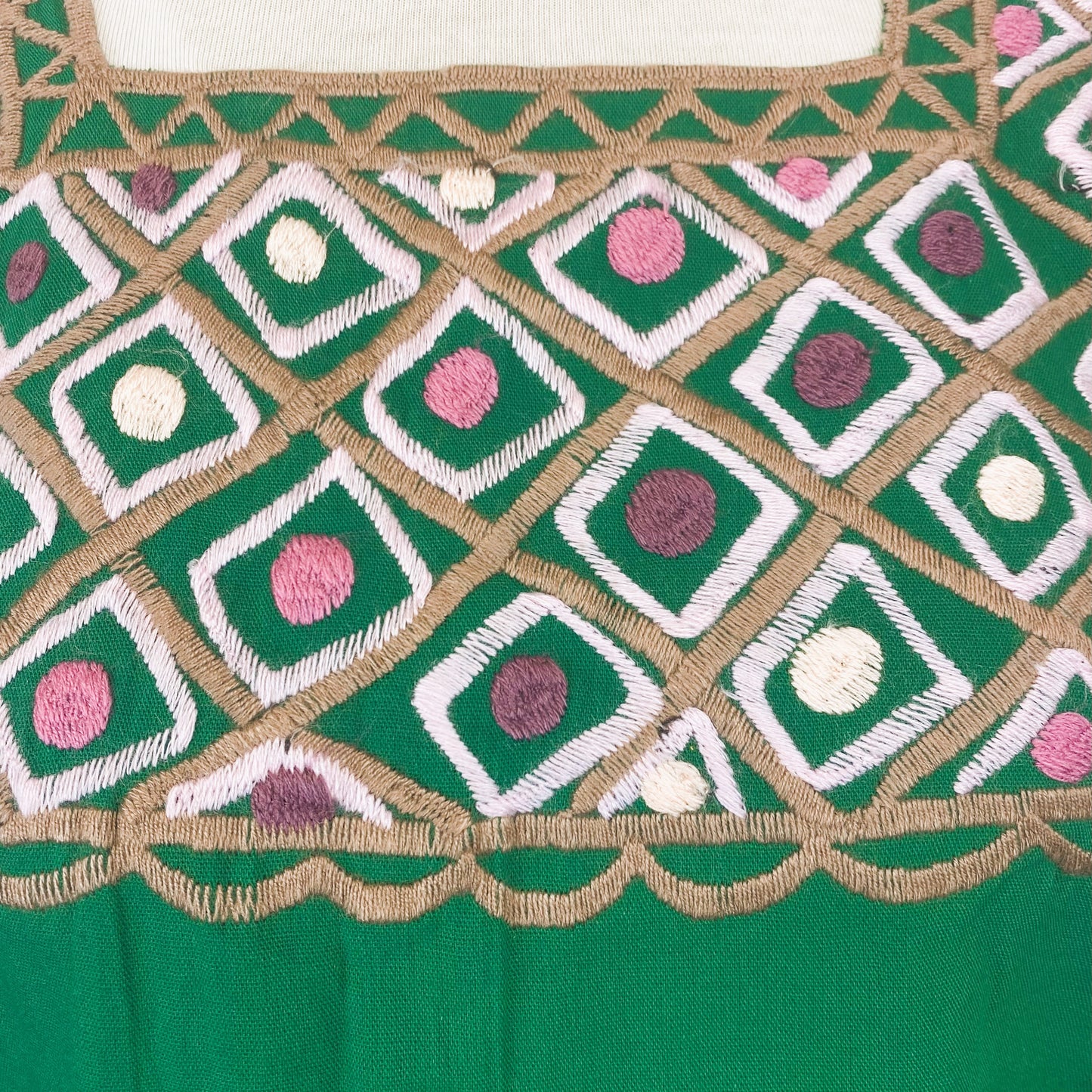 Mexican Embroidered Huipil Maya Top Organic Cotton Manta Emerald & Brown- One Size XS to M
