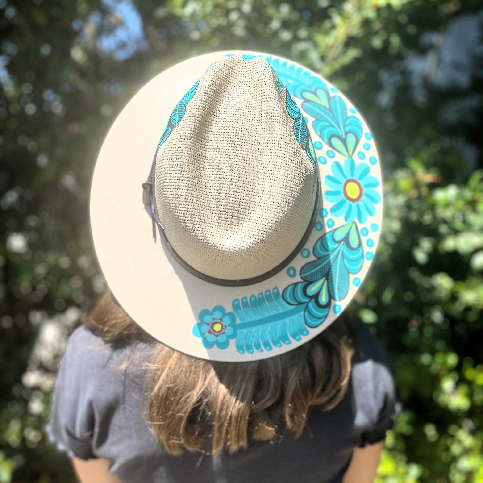 Mexican Artisanal Hat Hand Painted Floral Fedora Style - Turquoise Natural Palm Theme