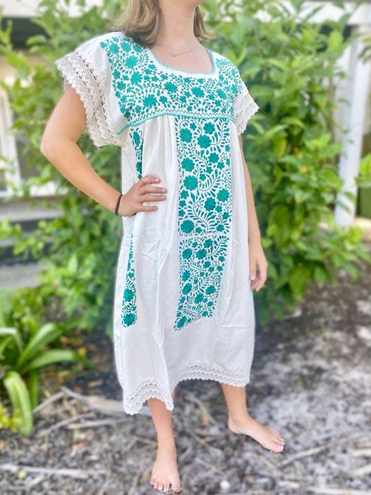 boho mexican dress Embroidered Rayon Maxi Dress: Handmade Boho Mexican Dress