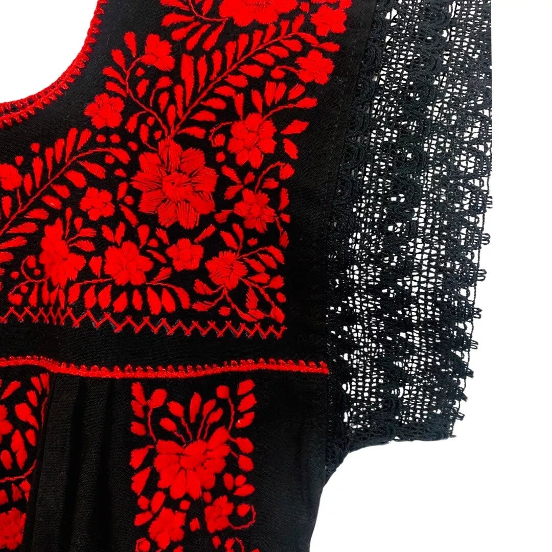 Las Flores Artisanal Adult Hand Embroider Mexican Dress: Organic Cotton Boho Red size L