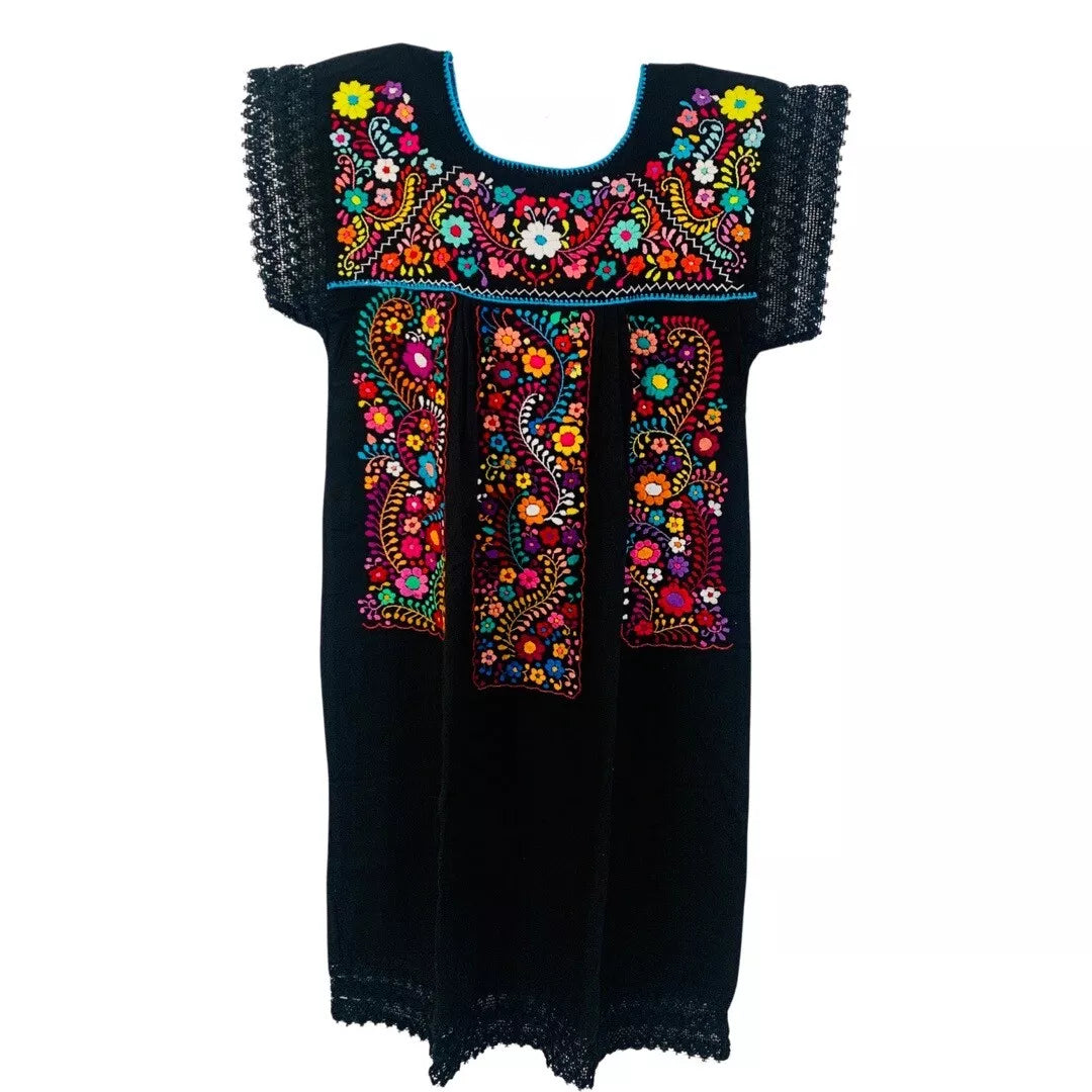 Las Flores Artisanal Adult Hand Embroider Mexican Dress: Organic Cotton Boho Black Multicoloured Size L