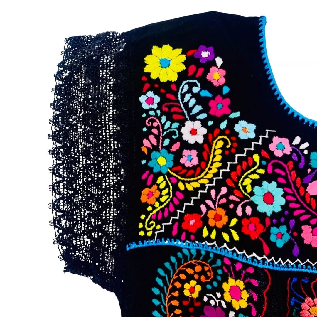 Las Flores Artisanal Adult Hand Embroider Mexican Dress: Organic Cotton Boho Black Multicoloured Size L