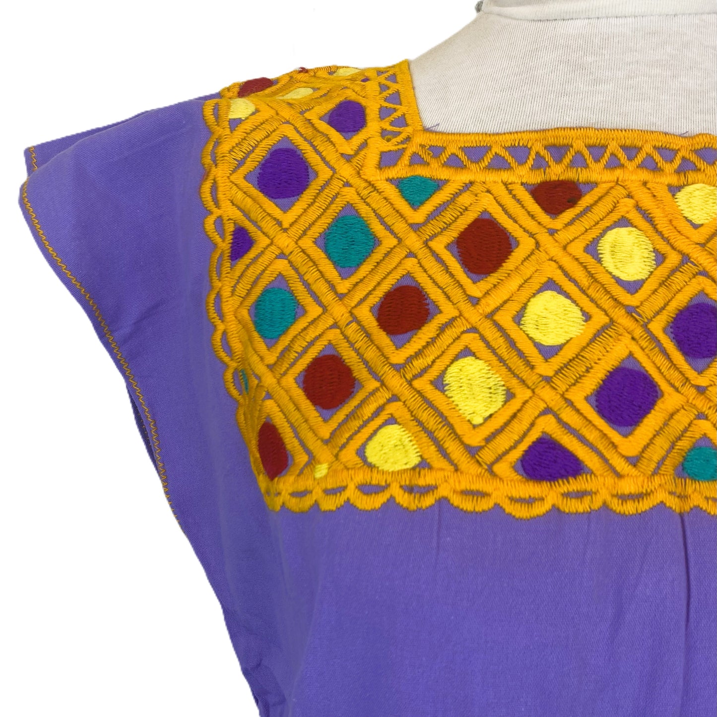 Mexican Embroidered Huipil Maya Top Organic Cotton Manta Lavander & Mustard- One Size XS to M