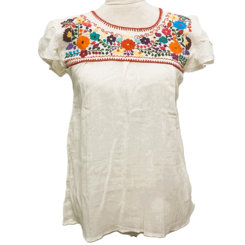 Mexican Embroidered Peasant Top Organic Cotton - Sizes S-M-L-XL