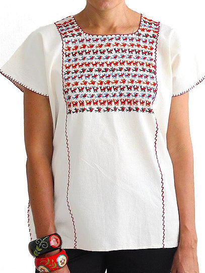 Hand-Embroidered Traditional Huipil Top – Made in Oaxaca – Los Pajaritos – One Size M-L