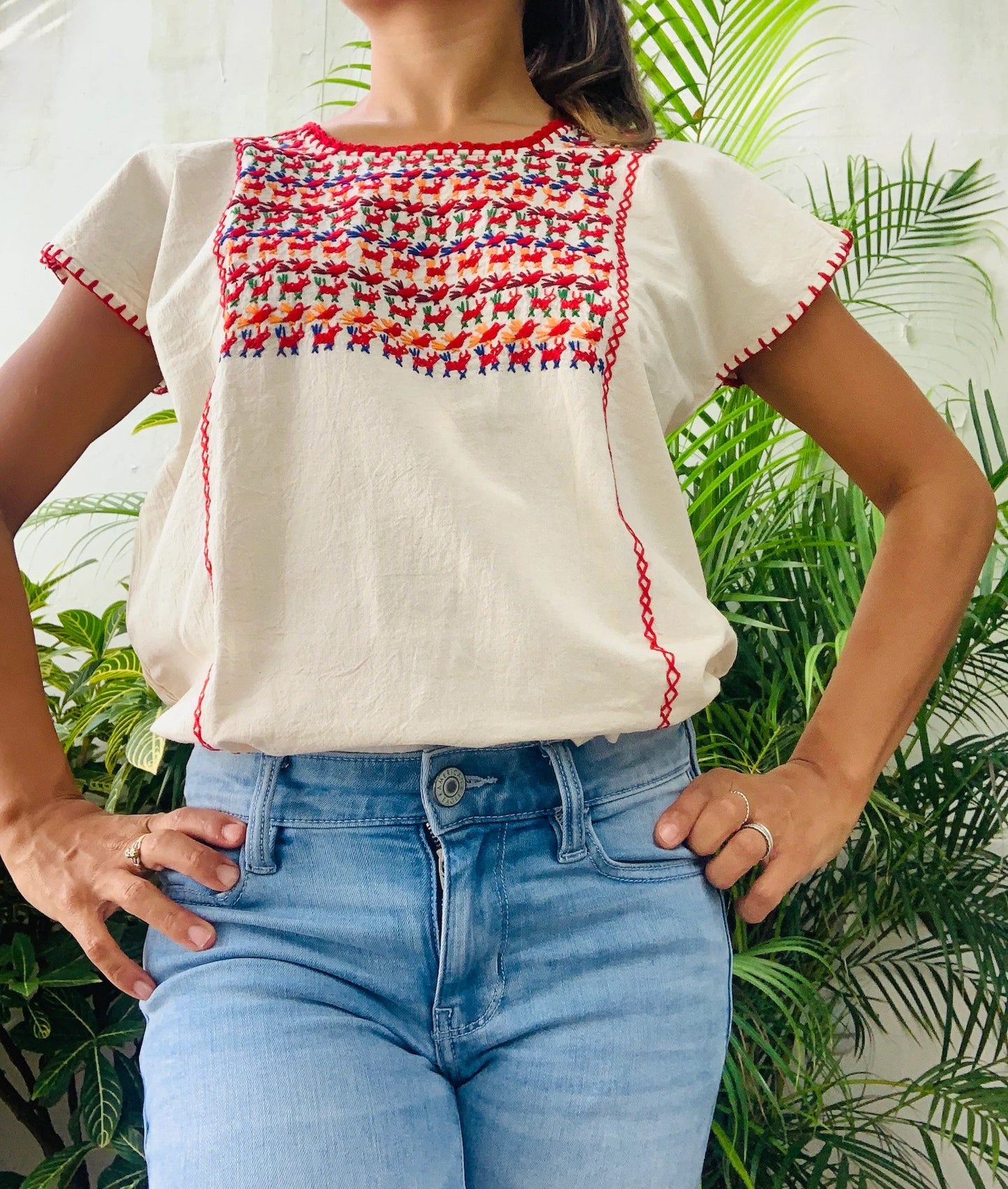 Hand-Embroidered Traditional Huipil Top – Made in Oaxaca – Los Pajaritos – One Size M-L