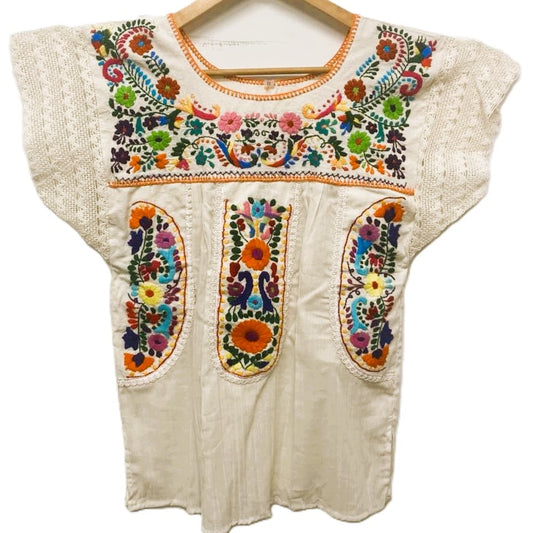 Hand Embroidered Mexican Blouse - Manta Organic Cotton Floral Top M-L