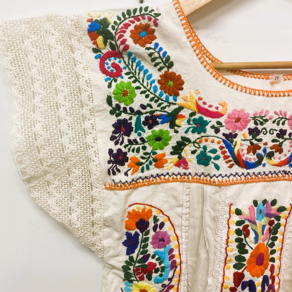 Hand Embroidered Mexican Blouse - Manta Organic Cotton Floral Top M-L