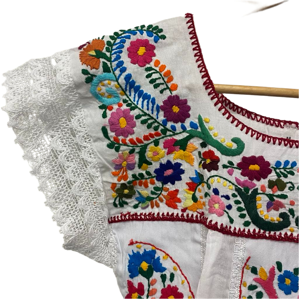 Embroidered garment with colorful floral patterns on a white background