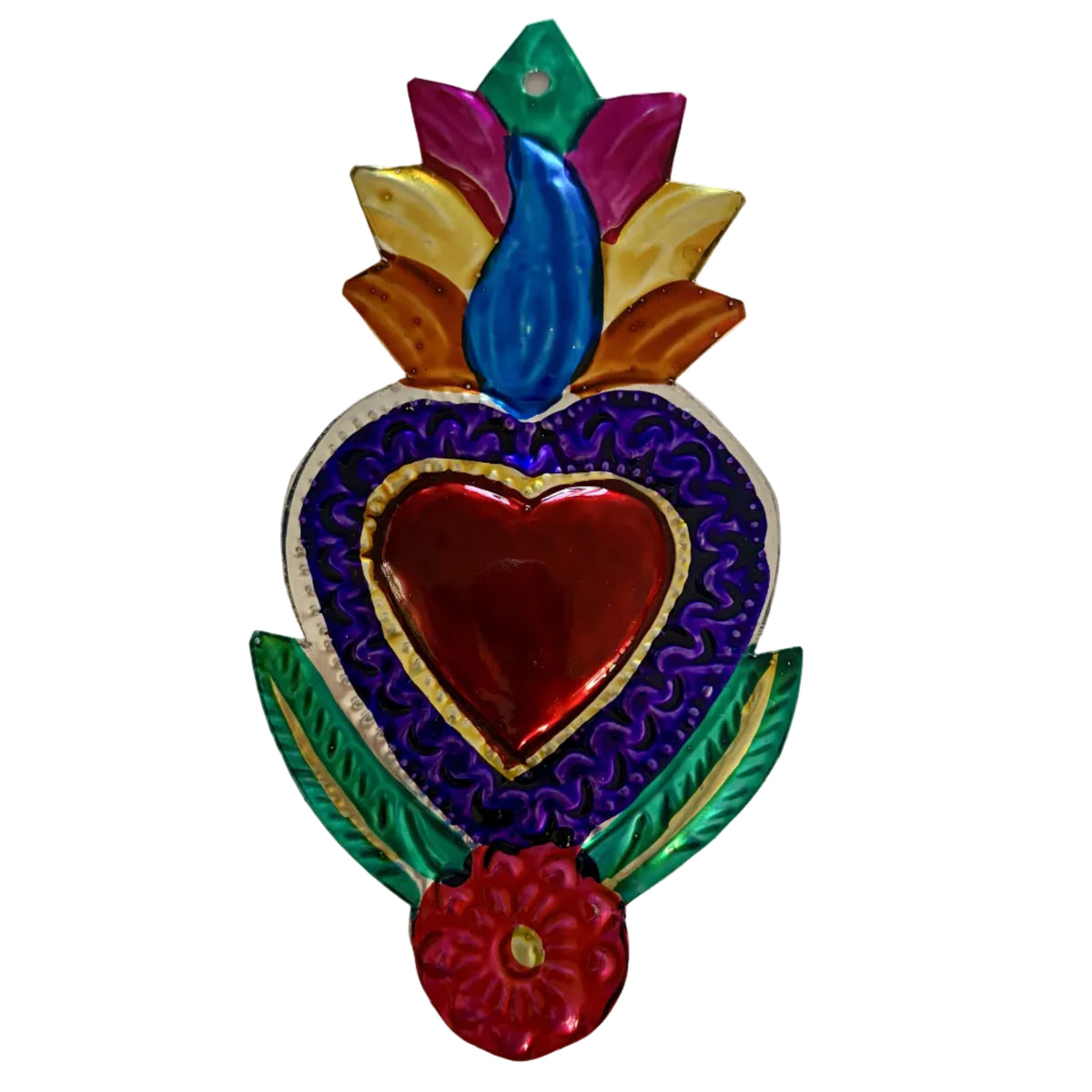 A colorful decorative metal wall hanging featuring a central red heart surrounded by purple, blue, green, gold, and red elements, photographed against a plain off-white background.