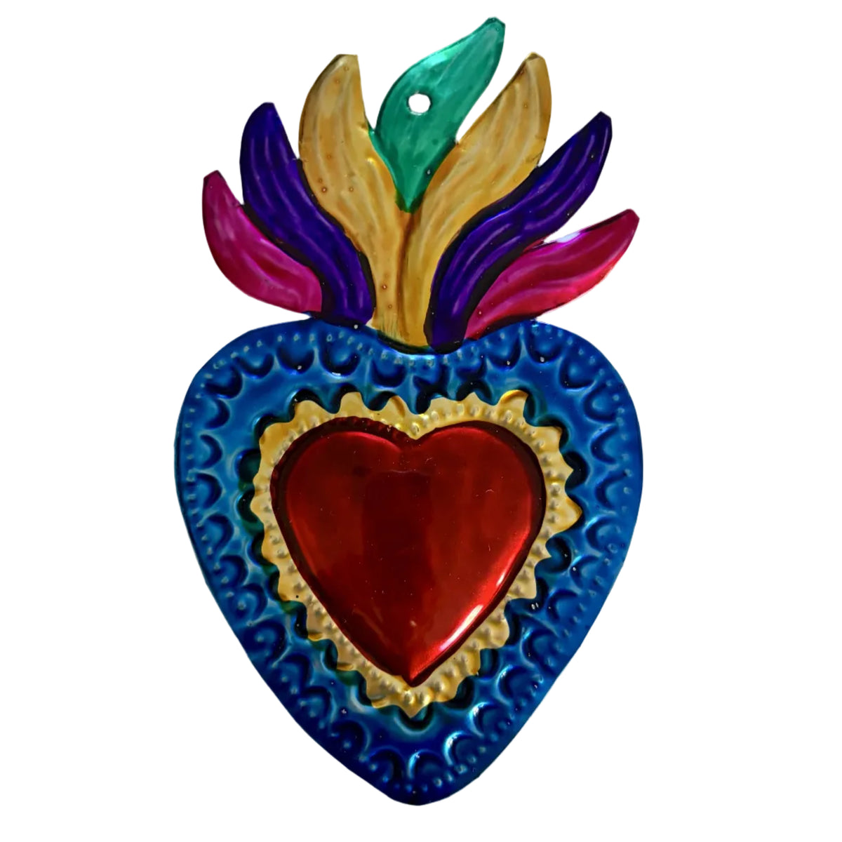 A colorful metal decorative ornament shaped like a stylized heart with a red heart center, gold inner border, blue outer heart shape, and multicolored feather-like tops in purple, yellow, green, and pink on a plain light background.