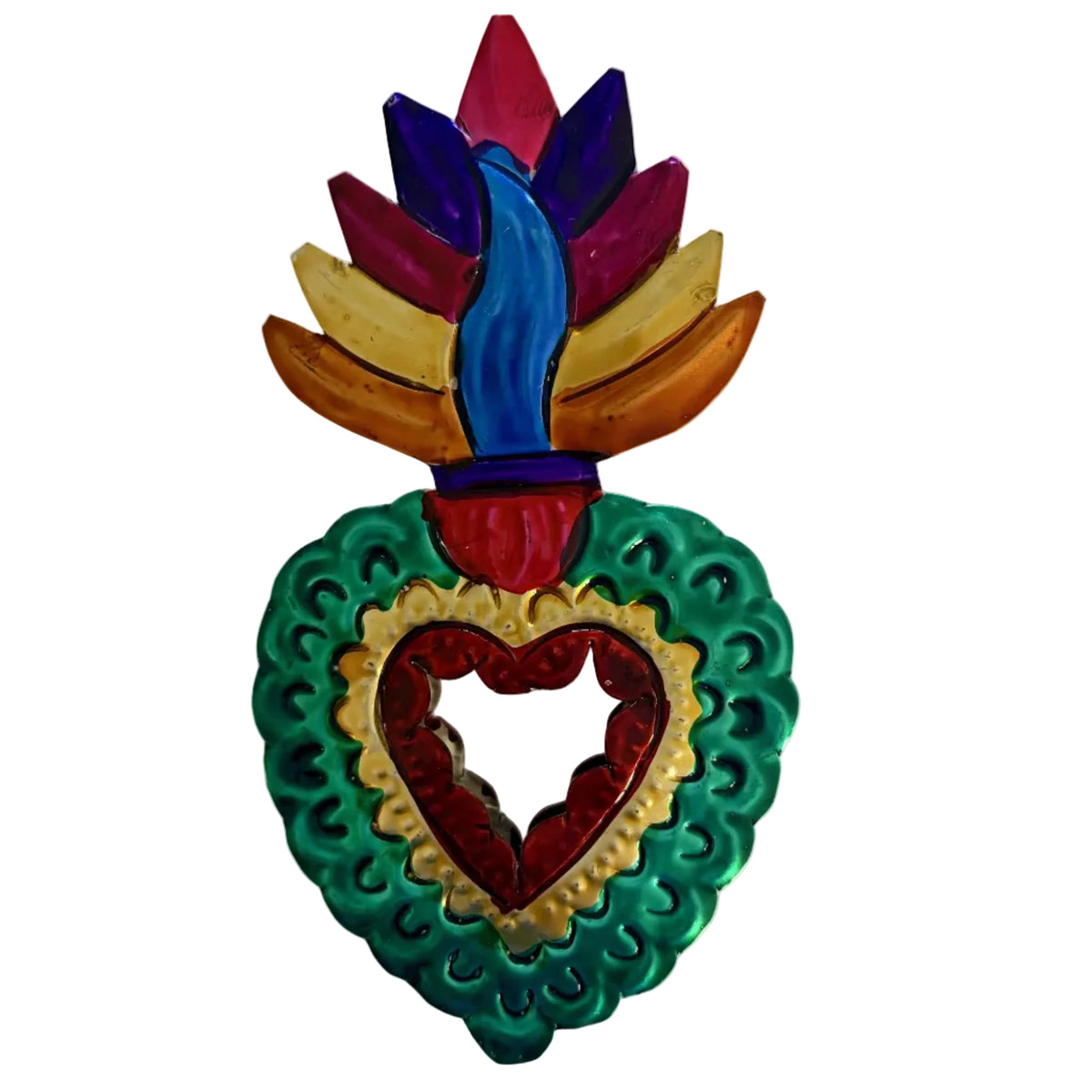 A colorful decorative wall hanging shaped like a stylized heart with a red heart cutout in the center, surrounded by gold, green, and red layers, topped with multicolored feather-like shapes in blue, purple, pink, yellow, and orange, photographed against a plain off-white background.