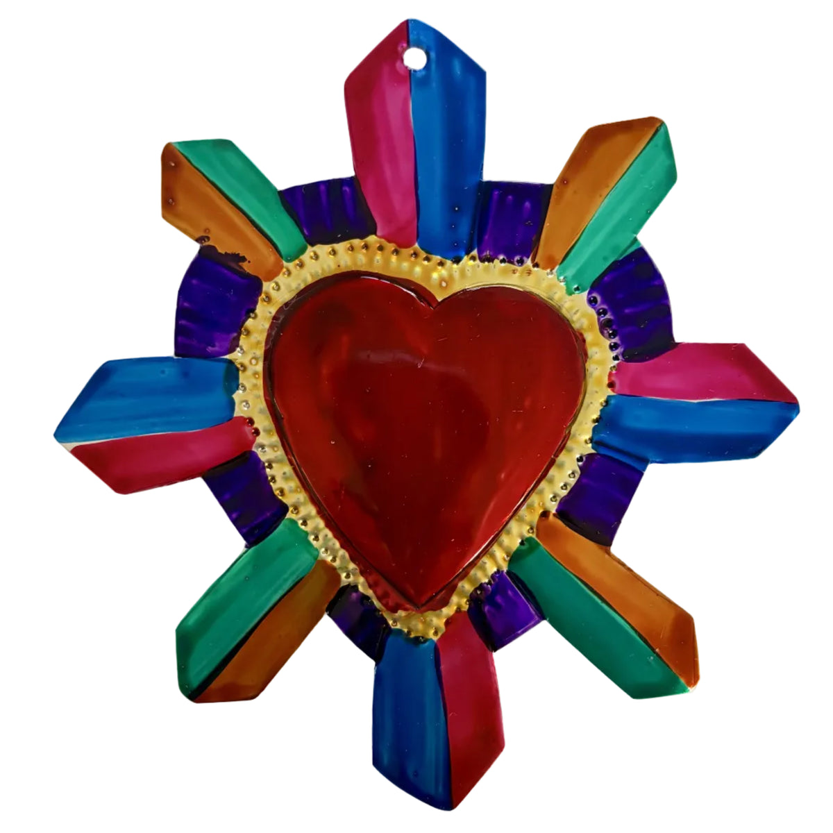 A colorful heart-shaped metal ornament with a red heart center, gold beaded border, and multicolored rays in blue, green, orange, purple, and pink, shown on a plain white background.