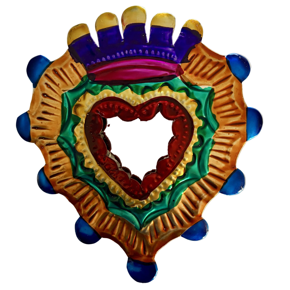 A colorful decorative heart-shaped wall piece with layered red, green, and gold heart motifs, a purple crown-like top, and blue accents, photographed against a plain white background.