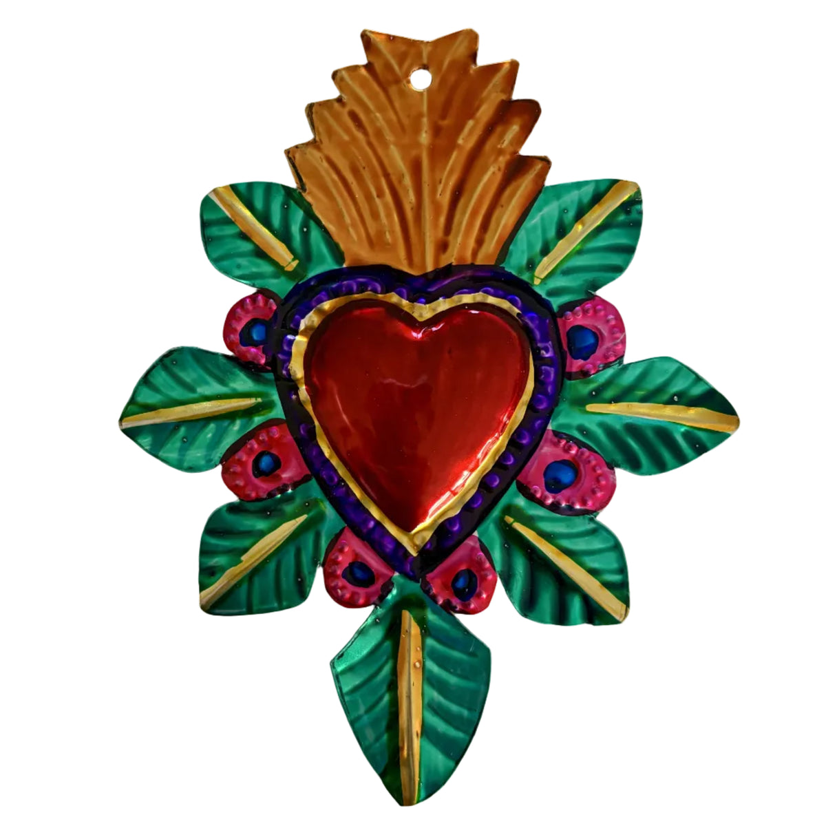 A colorful metal Sacred Heart of Jesus wall hanging ornament with green leaves, pink and purple accents, and a red heart at the center, photographed on a plain off-white background.