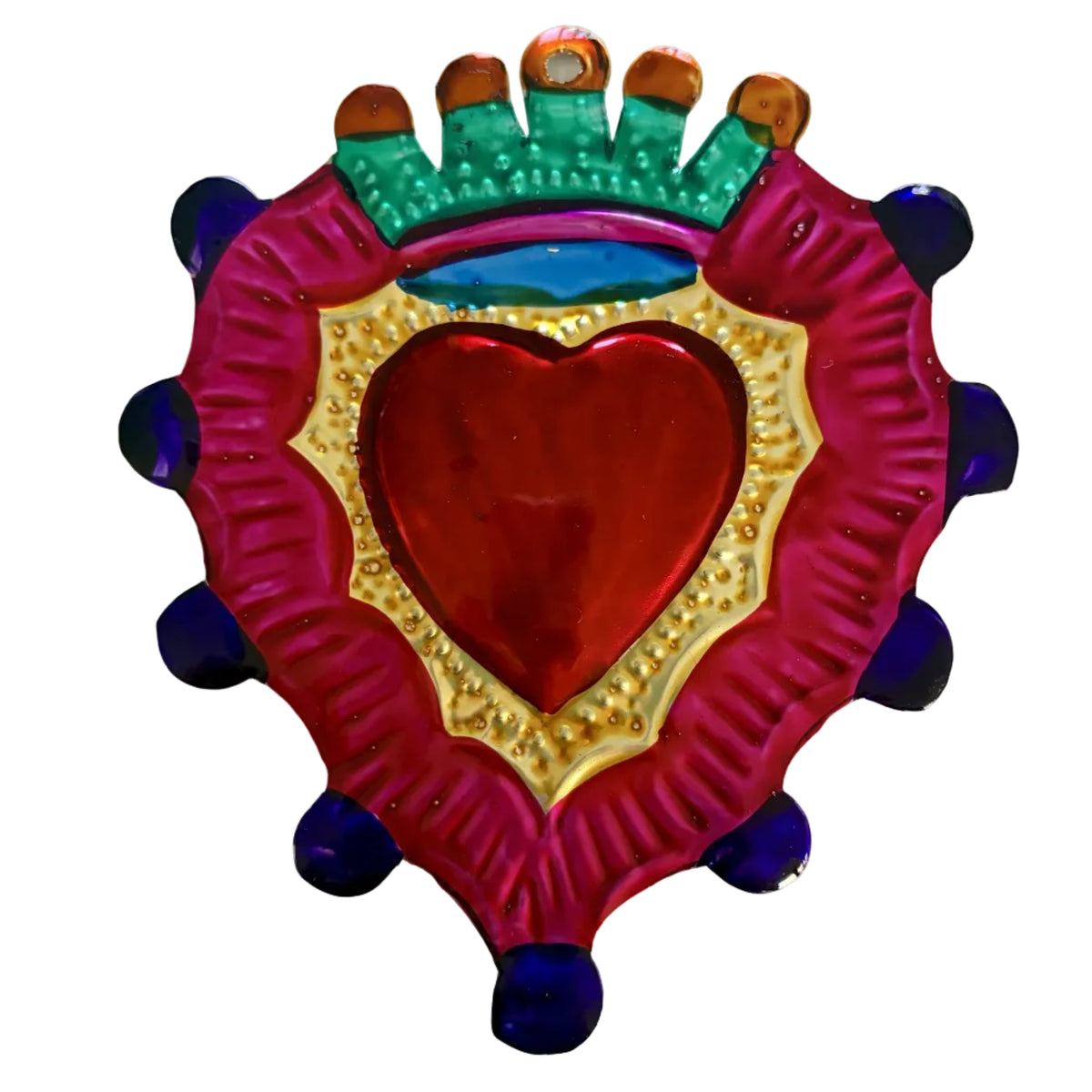 A colorful handcrafted heart-shaped wall art piece featuring a red heart in the center, surrounded by a gold textured border and a magenta outer border with blue accents, topped with a green and brown crown, shown on a plain white background.