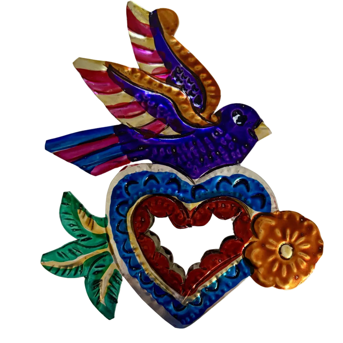 A colorful hand-painted metal wall hanging featuring a blue bird with pink, gold, and green wings above a blue heart with a red center, and an orange flower on the right, set against a plain off-white background.