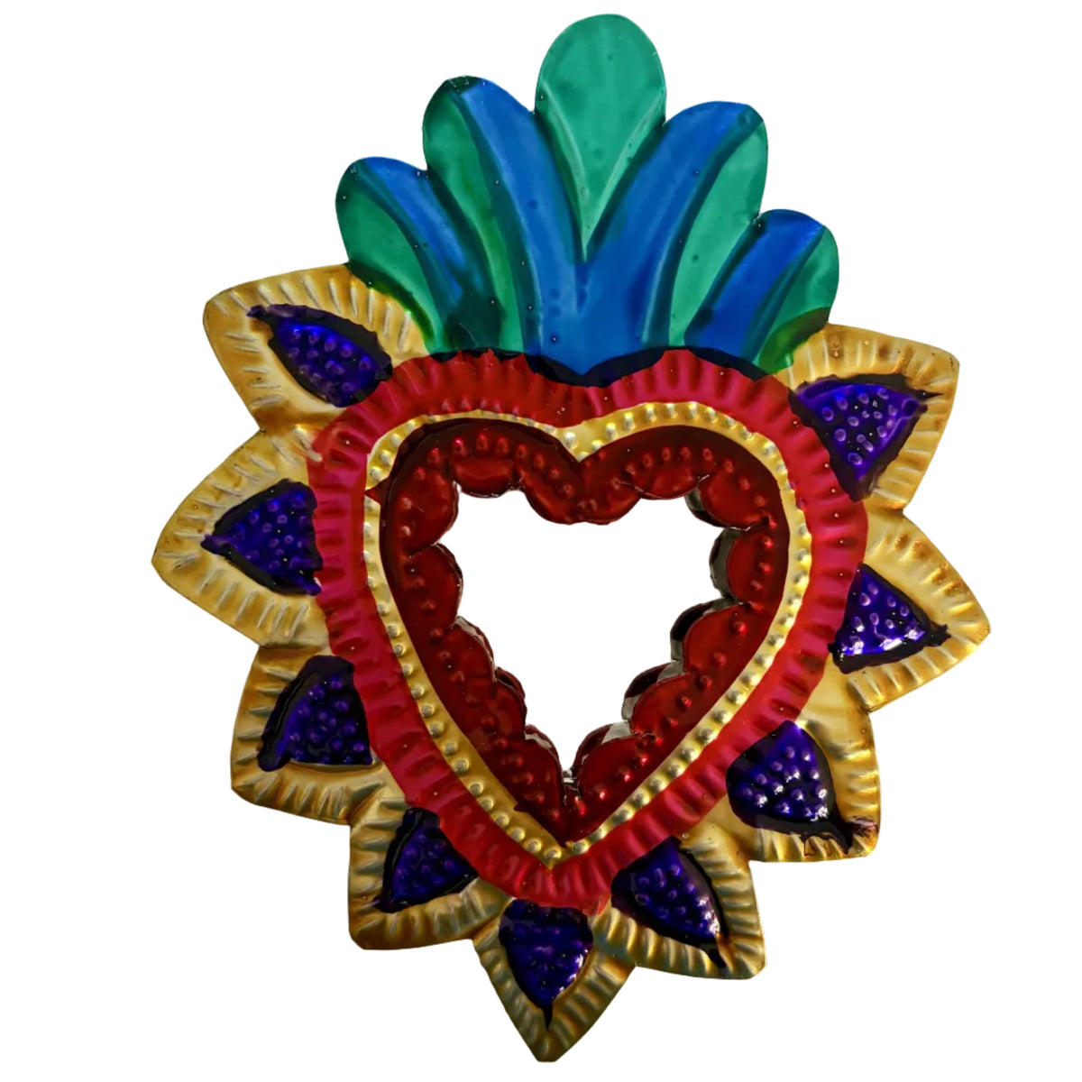 A colorful decorative wall hanging shaped like a stylized heart with a red center, gold rays, purple accents, and green and blue top details, photographed against a plain light background.
