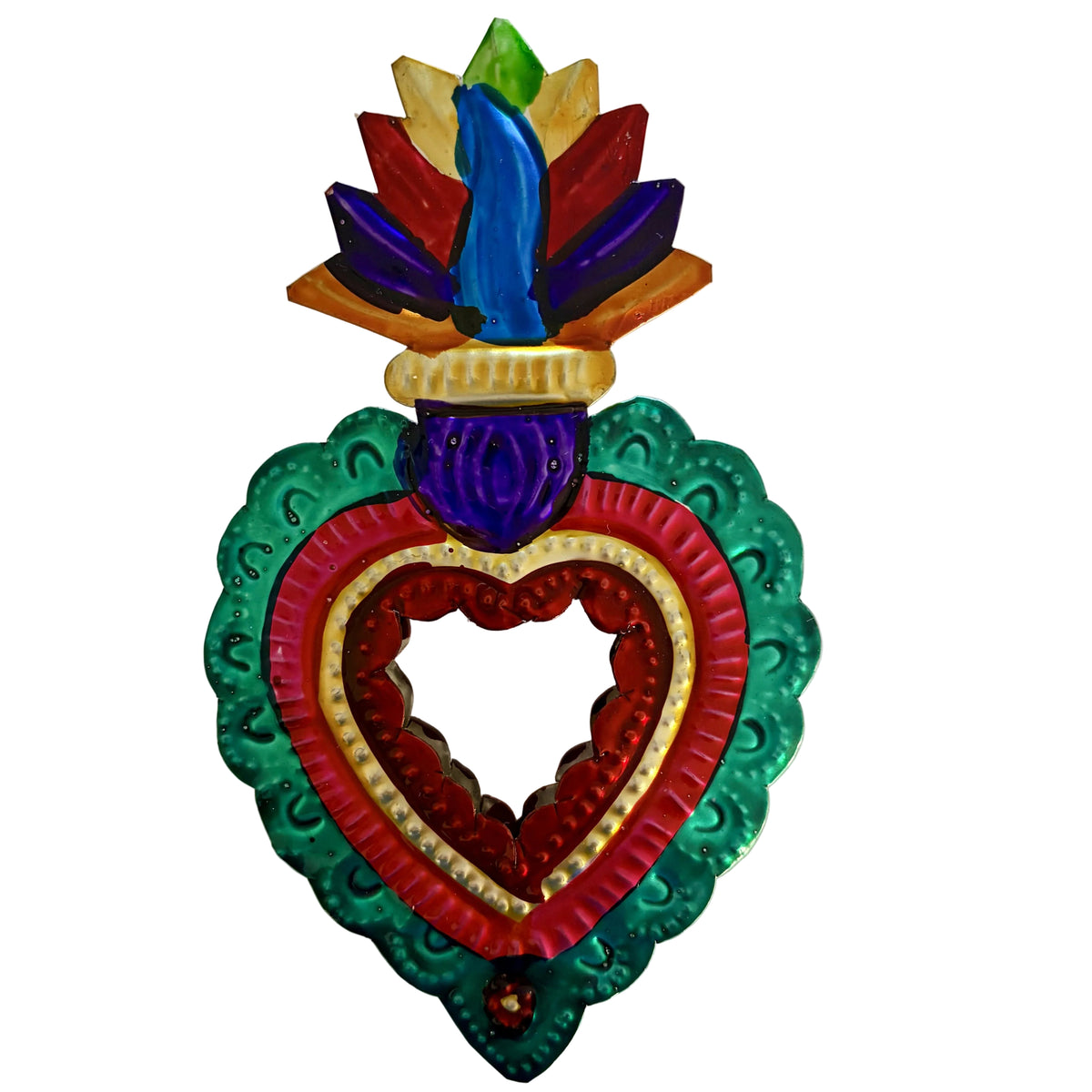 A colorful decorative heart-shaped wall hanging or ornament with layered red, gold, and green borders, a purple center, and a multicolored flame-like top on a plain light background.