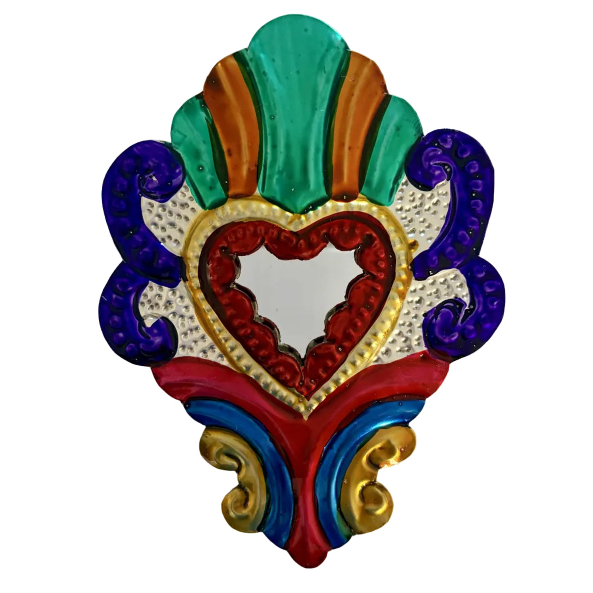 A colorful decorative wall plaque featuring a central heart motif with red, gold, and silver textured details, surrounded by blue, purple, green, and orange painted scrollwork on a plain white background.