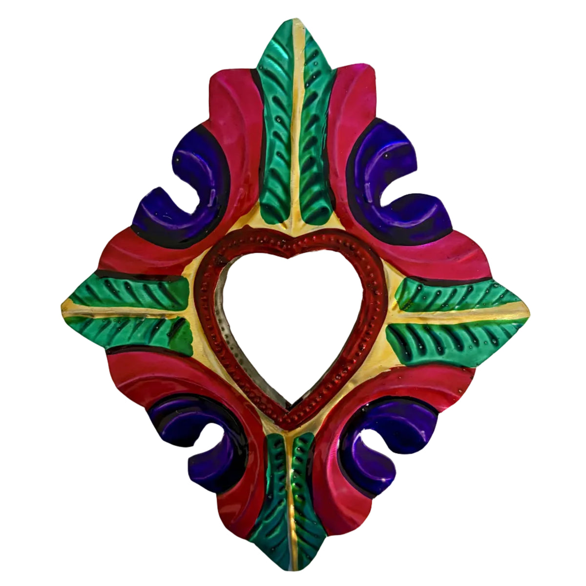 A decorative hand-painted mirror with an ornate, symmetrical baroque-style frame featuring a heart-shaped center and colorful painted details in red, green, purple, and gold on a plain off-white background.