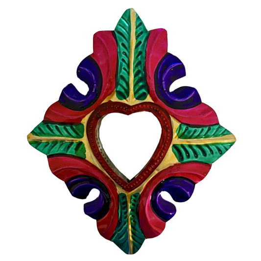 A decorative hand-painted mirror with an ornate, symmetrical baroque-style frame featuring a heart-shaped center and colorful painted details in red, green, purple, and gold on a plain off-white background.