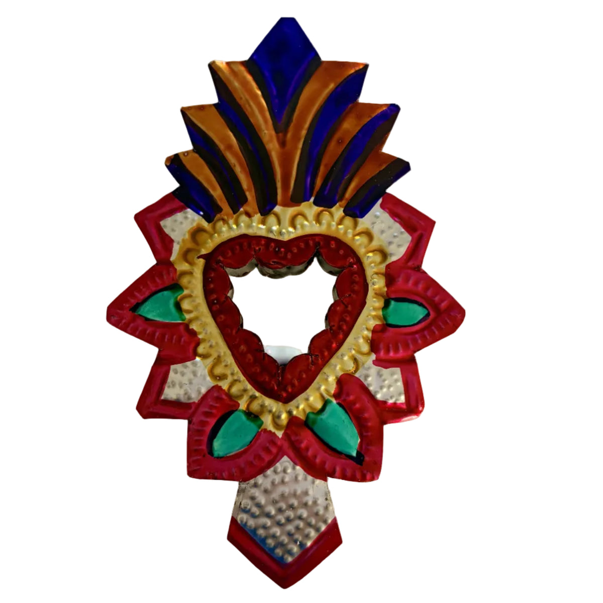 A decorative handcrafted mirror with a colorful Mexican-style design, featuring a central heart-shaped mirror surrounded by red, gold, blue, green, and white textured patterns.