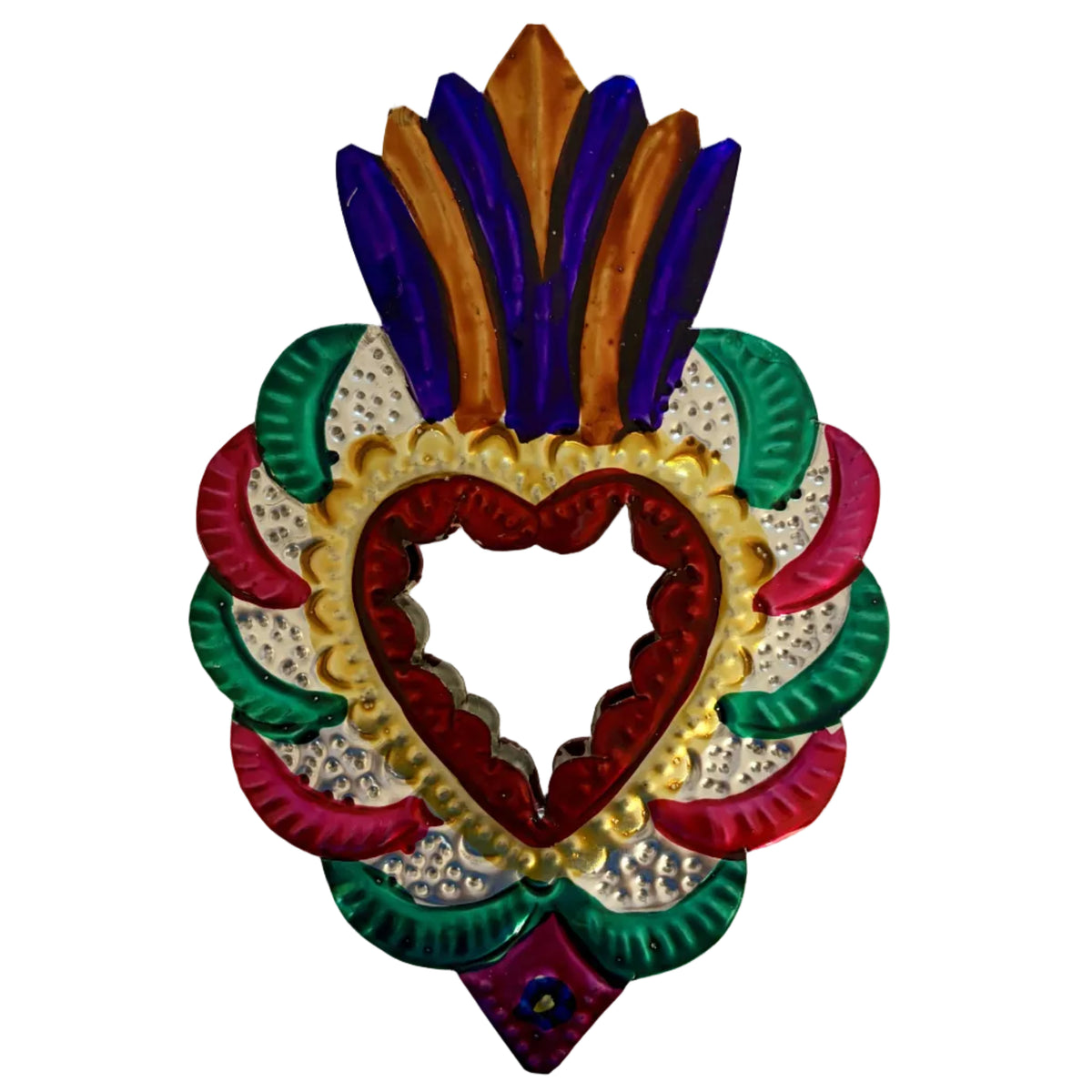 A colorful decorative wall mirror with a heart-shaped center and a fan-like border in red, green, white, gold, purple, and brown, photographed against a plain off-white background.