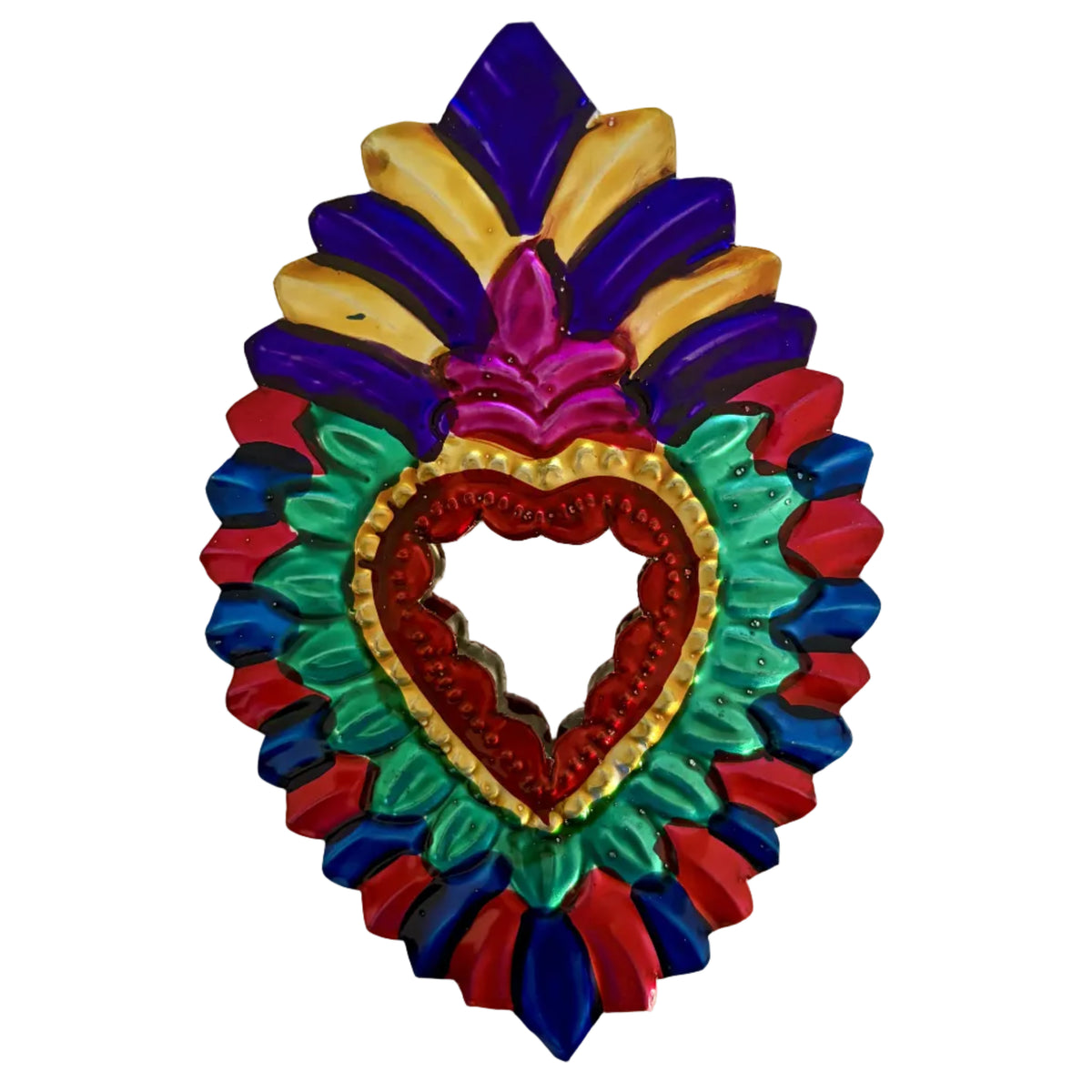 A colorful decorative wall mirror shaped like an ornate heart, featuring layered metallic and glossy painted details in purple, gold, red, green, blue, and red on a plain light background.