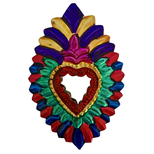 A colorful decorative wall mirror shaped like an ornate heart, featuring layered metallic and glossy painted details in purple, gold, red, green, blue, and red on a plain light background.